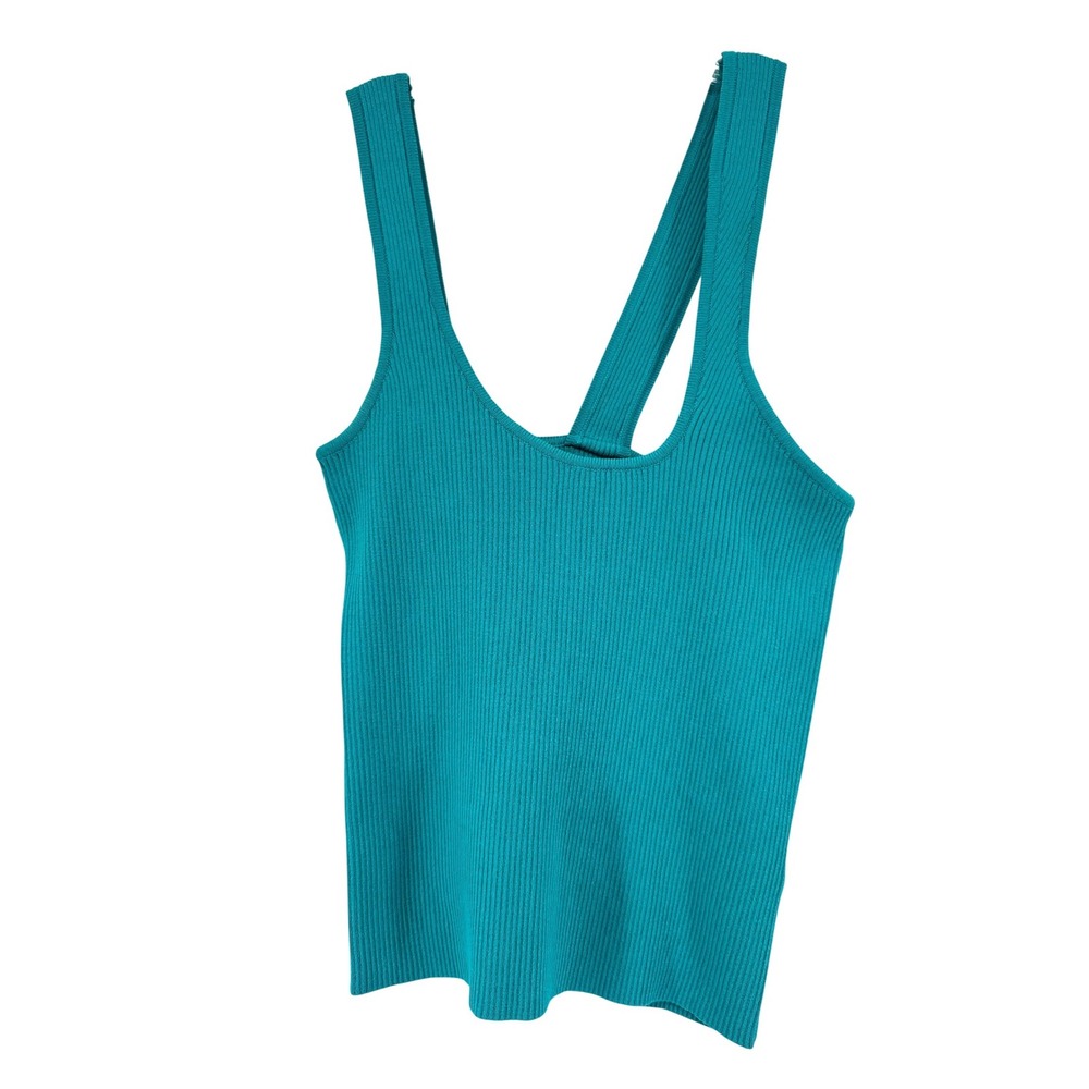 NA-KD Womens Asymmetric Knitted Ribbed Singlet Teal Blue Tank Top S